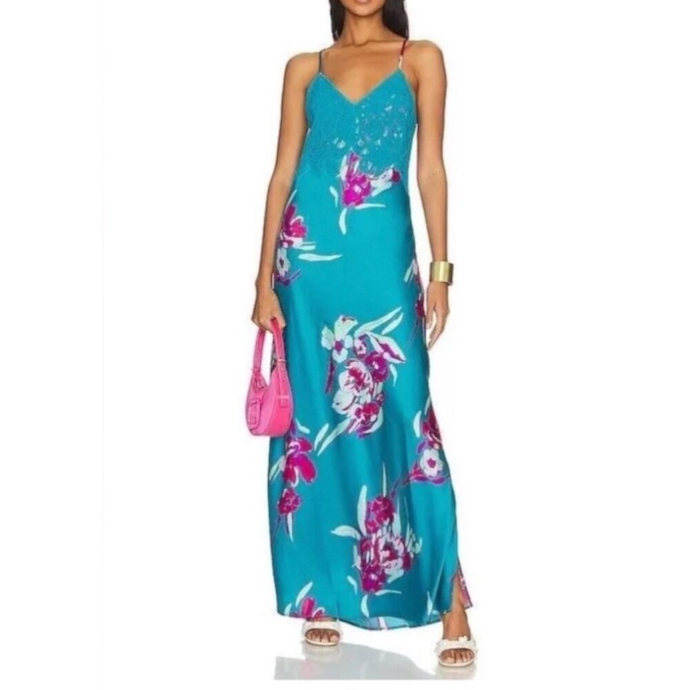 Free People Forever Yours River combo satin maxi crochet dress slip dress